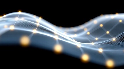 A digital abstract representation of a network grid with glowing golden nodes connected by thin white lines, set against a dark black background. The grid forms