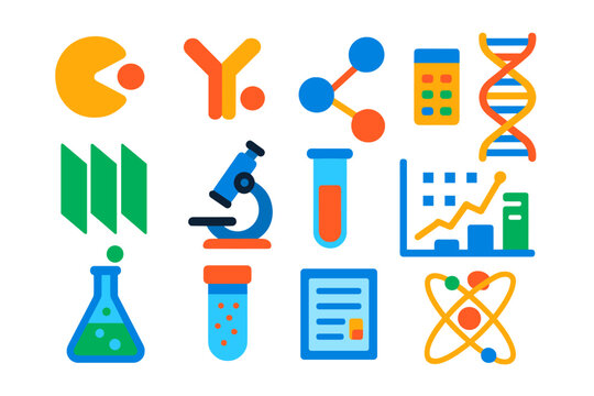 Protein Analysis Icons. Flat vector icons of Protein Analysis: Enzyme, Active Site, Molecular Bond, Helix, Beta Sheet, Microscope,