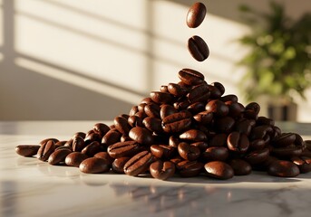 Fresh Roasted Coffee Beans Falling onto a Pile on Marble