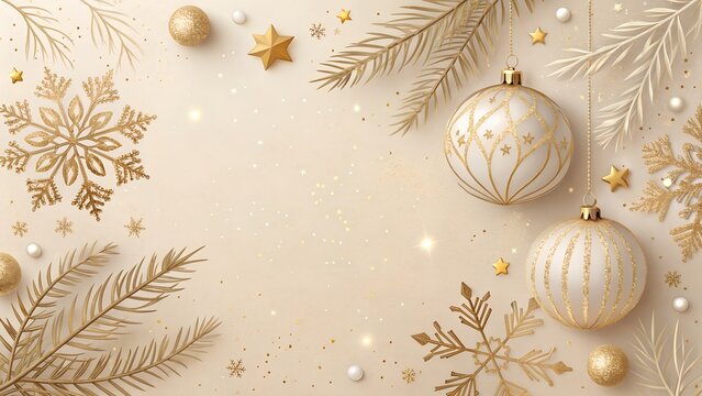 Elegant golden christmas ornaments and pine branches adorn a soft beige background with sparkling snowflakes and festive glitter