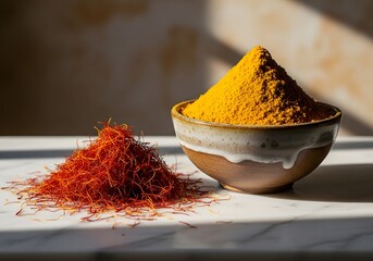 Vibrant Saffron Threads and Turmeric Powder on Marble