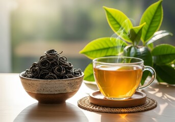 Steaming Hot Tea with Dried Oolong Leaves and Greenery