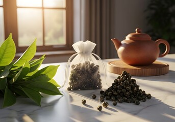 Traditional Tea Preparation with Fresh Leaves and Tea Pearls