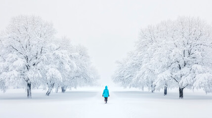 Fototapeta premium Solitary figure in bright blue jacket walks through breathtaking winter wonderland, along pristine snow-covered path flanked by majestic, frost-laden trees on calm, serene day.
