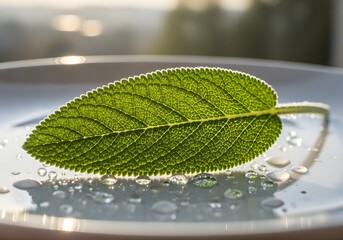 Backlit Sage Leaf with Dew Drops