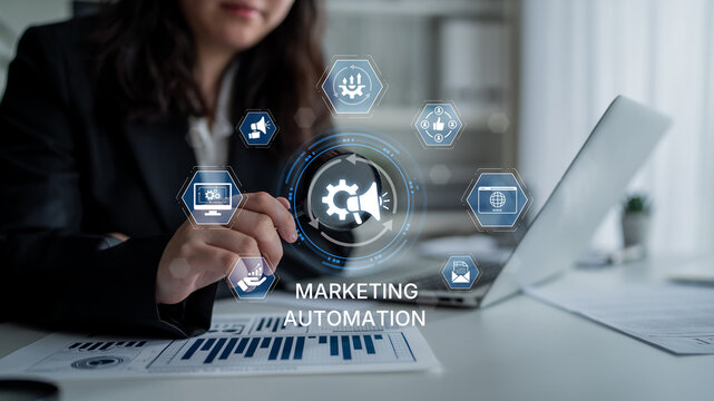 Marketing automation diagram showcase AI-driven campaign workflow, highlight marketing automation, data-driven strategy, marketing automation tools, and market automation process in business. Spline