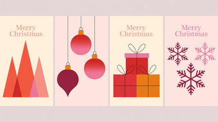 Four vertical christmas greeting cards with festive illustrations