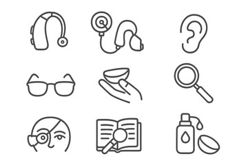 Line Style Aids Icons. Line style icons of Hearing & Vision Aids: Hearing Aid, Cochlear Implant, Ear Canal Device, Amplifier;
