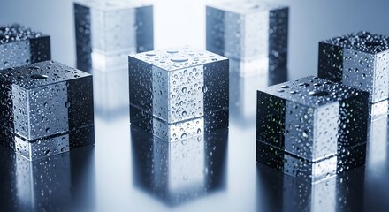 Several clear glass cubes with water droplets sit on a shiny surface reflecting their square shapes
