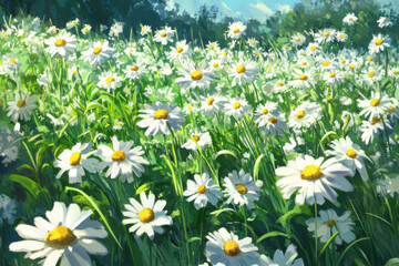 Fototapeta premium Painting of a field of white daisies blooming under a bright blue summer sky