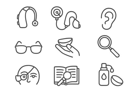 Line Style Aids Icons. Line style icons of Hearing & Vision Aids: Hearing Aid, Cochlear Implant, Ear Canal Device, Amplifier;