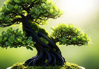 Lush Green Bonsai Tree with Water Droplets
