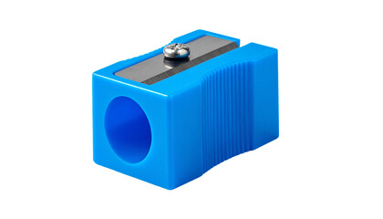 blue plastic pencil sharpener with metal blade isolated on solid white background in Png