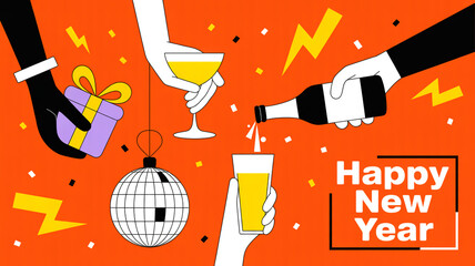 Happy new year celebration with champagne and gifts