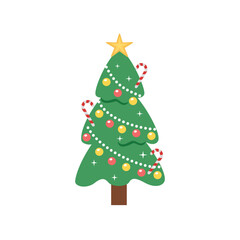 Festive Cartoon Christmas Tree with Star and Candy Canes. Cute christmas tree. Decorative pine tree.