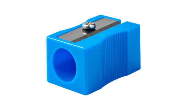 blue plastic pencil sharpener with metal blade isolated on solid white background in Png