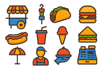 Vibrant Street Food Icons. Flat vector icons of Street Food: Food Cart, Skewer, Taco, Burger, Hot Dog, Drink Cup, Cone, Sandwich,