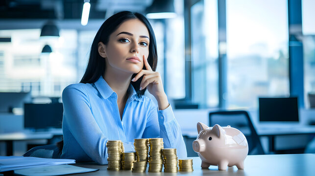 A pensive businesswoman sits at a table with a piggy bank and gold coins in a business center
