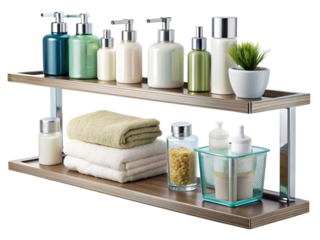Bathroom shelf with various colorful hygiene care products