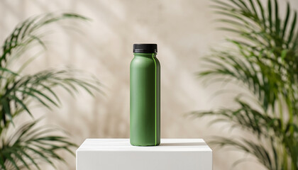 Green smoothie bottle, healthy drink, standing on white podium with botanical leaves in background, refreshing and natural concept, wellness and vitality vibe
