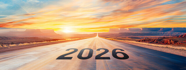 The number 2026 written on a highway between deserted fields, against a sunny sky, represents the road leading into the New Year