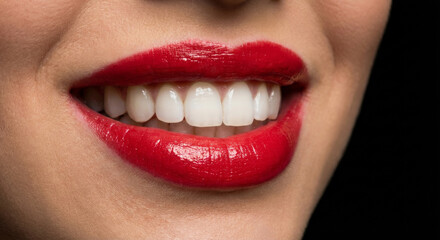 Woman with a red lip and white teeth. She is smiling.