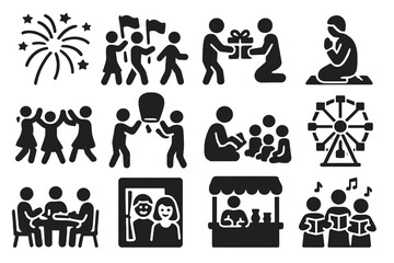Festival Activity Icons. Solid style icons of festival activities: fireworks display, parade, gift exchange, prayer ritual, dance