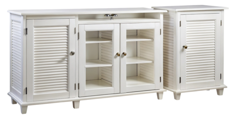 White wooden console and louvered storage cabinet furniture.