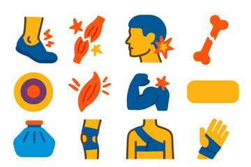 Sports Injury Icons. Flat vector icons of Sports Injuries: Sprained Ankle, Torn Ligament, Concussion, Fracture, Bruise, Muscle