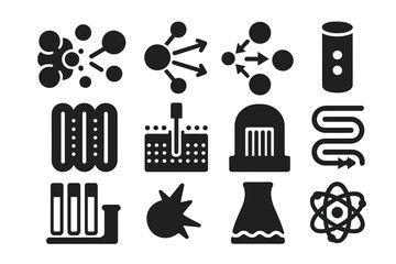 Nuclear Fission Icons. Solid style icons of nuclear fission: splitting nucleus, chain reaction, neutron emission, fuel pellet,