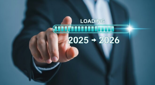 Digital interface transition highlights business growth from 2025 to 2026, symbolizing future success and strategic planning with a vibrant blue glow