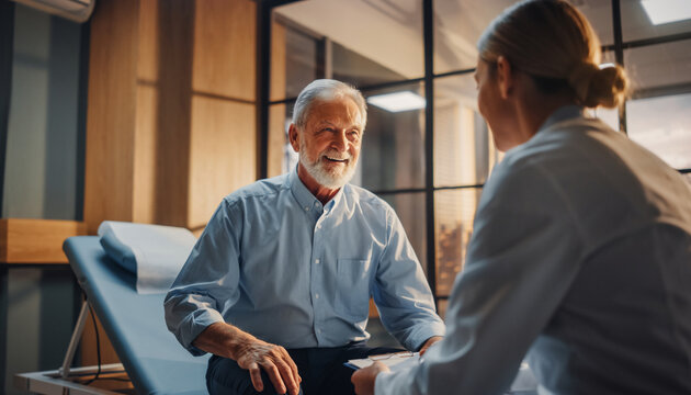 Senior man smiling during cardiac screening with friendly female doctor in modern clinic, warm lighting, healthcare consultation, positive patient interaction, medical checkup - Powered by Adobe