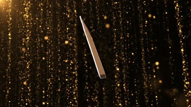 Elegant golden voucher card blank template rotating vertically against luxury particle background for premium promotion advertising