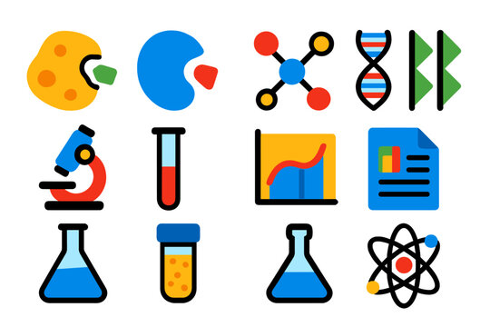 Protein Analysis Icons. Flat vector icons of Protein Analysis: Enzyme, Active Site, Molecular Bond, Helix, Beta Sheet, Microscope,