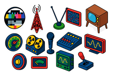 Analog Broadcast Elements. Isometric vector illustration set Analog Broadcast: circular test pattern card, lattice broadcast tower