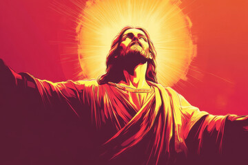 Jesus christ is depicted with open arms, a divine light glowing behind him, symbolizing love, redemption, and spiritual enlightenment