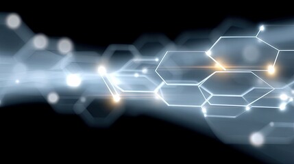 A futuristic abstract digital art piece featuring interconnected hexagonal shapes and glowing light points against a dark background, suggesting a network or da