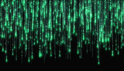 Green glowing digital rain effect with cyber particles, vertical lines, and matrix inspired code on black background, creating futuristic and immersive sci fi atmosphere