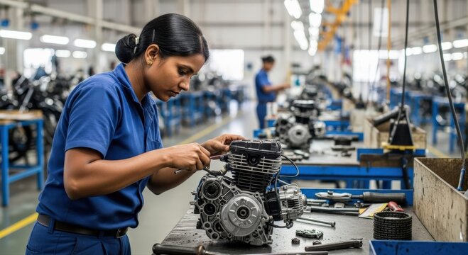 Focused Indian woman meticulously assembles a powerful motorcycle engine in a modern manufacturing plant, highlighting precision engineering and industrial progress