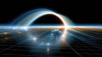 An abstract digital rendering of glowing blue and orange light trails forming an arch over a grid-like landscape with scattered points of light, set against a d