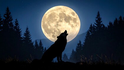 A wolf howls at a large, bright, full moon against a dark sky above a treeline