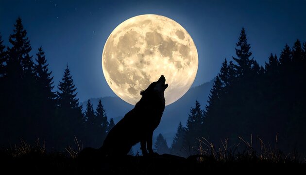 A wolf howls at a large, bright, full moon against a dark sky above a treeline - Powered by Adobe