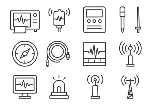 Seismic Instruments Icons. Line style icons of Seismic Instruments: Seismometer, Vibration Sensor, Data Logger, Ground Probe;