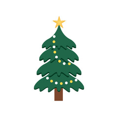 Festive Flat Christmas Tree with Star and Lights. Winter Tree Decor with Ambient Lamp Light. Holiday Tree with Soft Lamp Glow