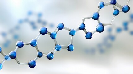 A close-up, 3D rendering of a molecular structure, featuring interconnected blue spheres representing atoms and translucent rods representing chemical bonds. Th