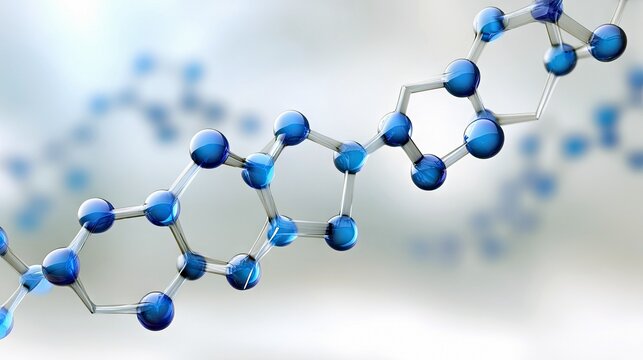A close-up, 3D rendering of a molecular structure, featuring interconnected blue spheres representing atoms and translucent rods representing chemical bonds. Th