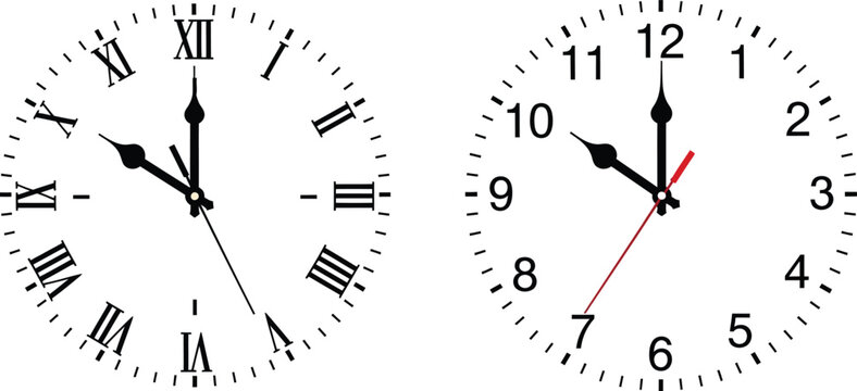 Two clock faces showing ten o clock on white background
