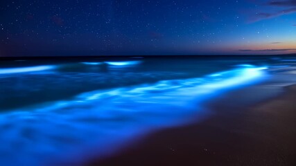Bioluminescent waves glow in the night, under a star-filled sky, on a sandy shore - Powered by Adobe