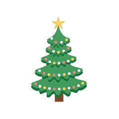 Festive Christmas Tree with Star and Colorful Lights. Cozy Christmas Tree. Christmas Tree Glowing with Warm Light