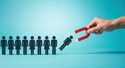Hand attracts chosen talent with a powerful red magnet, selecting one individual from a diverse line of people against a clean blue background, illustrating successful recruitment